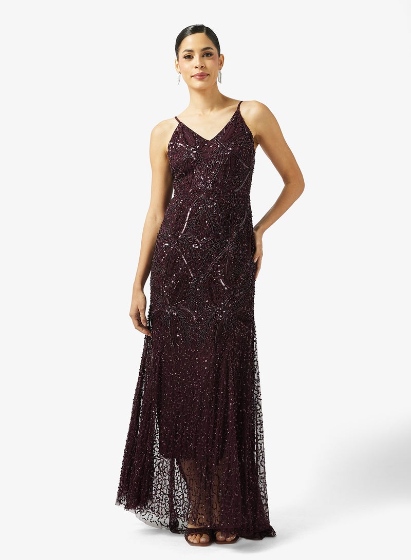 بيوت فستان ماكسي مزين بياقة على شكل حرف - Image 1